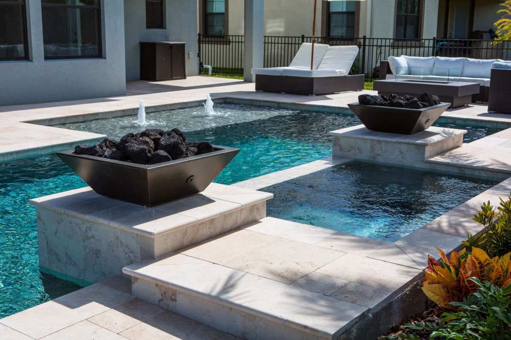 016 - Geometric Pool and Spa with Fire Bowls and Bubblers