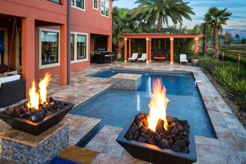 5001 - Geometric Pool with Sunshelf and Fire Bowls